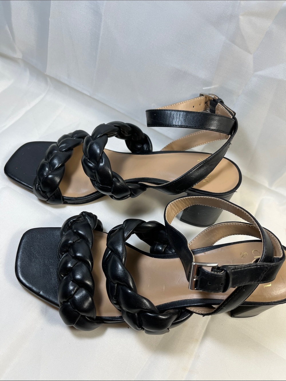 crown & ivy Black Braided Strap Block Heel Sandals